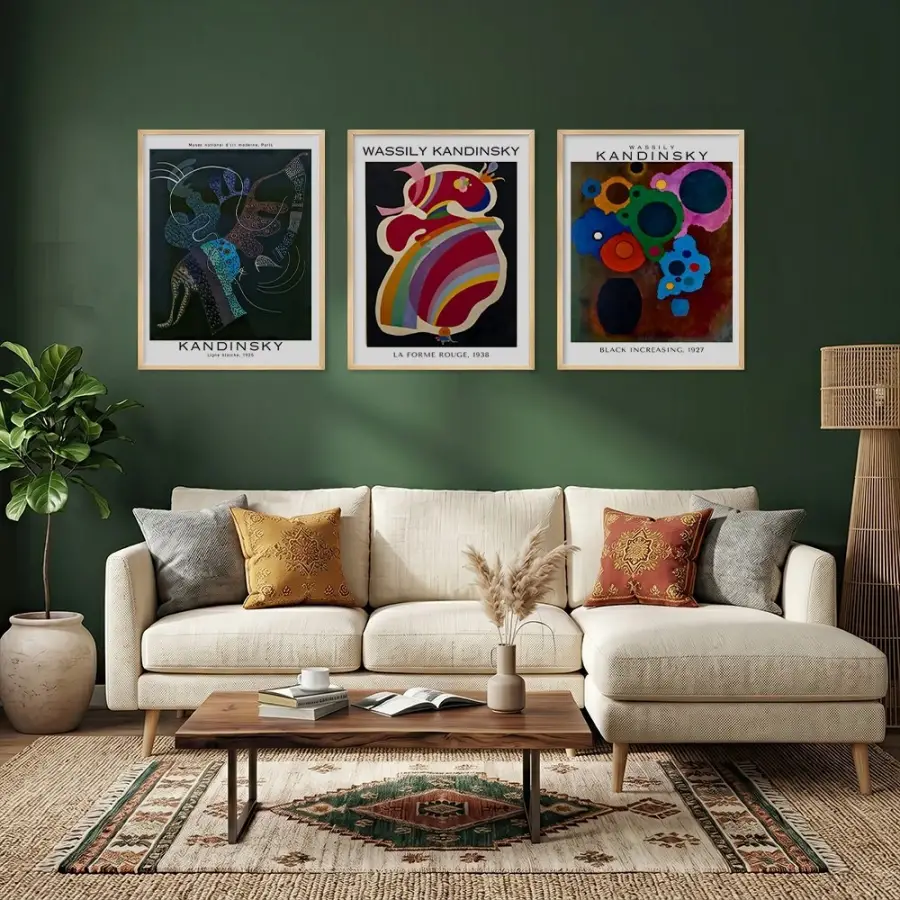 Kandinsky Soyut Renk Kompozisyonları Doğal Ahşap Çerçeveli 3lü Tablo Seti