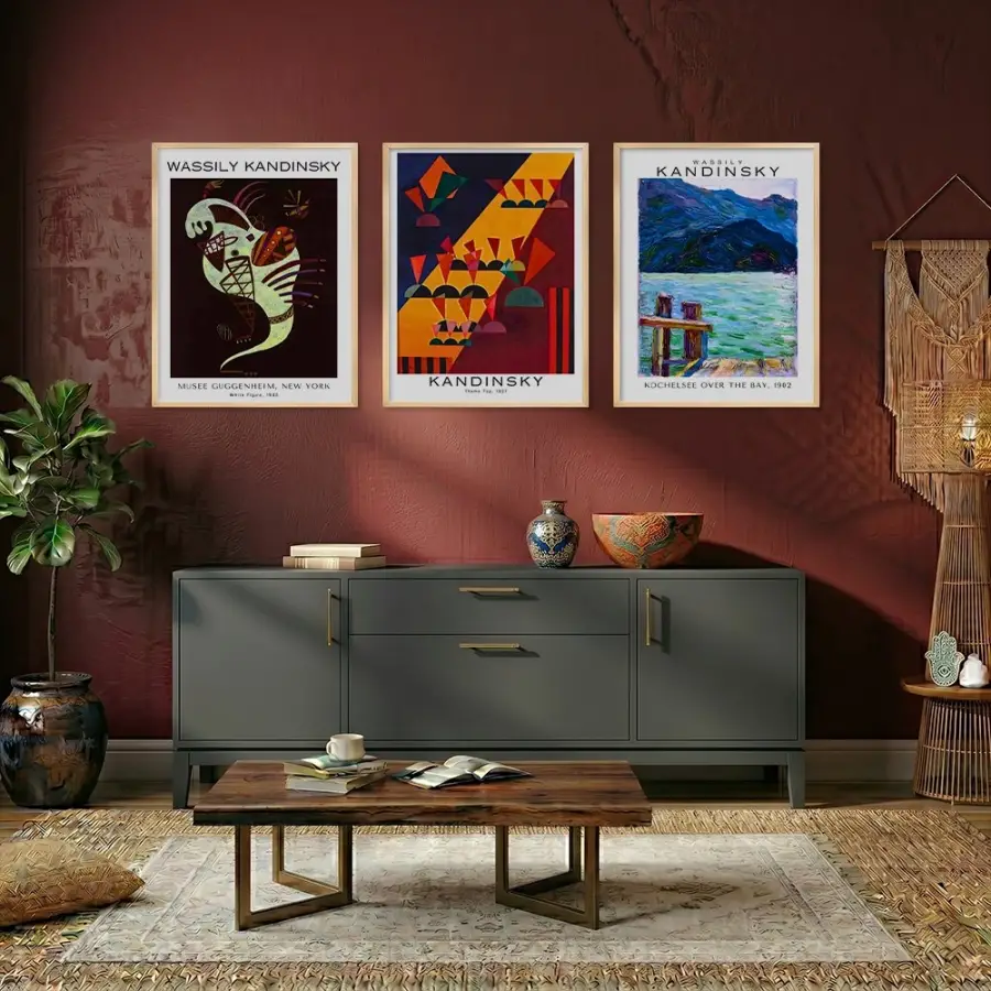 Kandinsky Sanat Seçkisi Doğal Ahşap Çerçeveli 3lü Tablo Seti