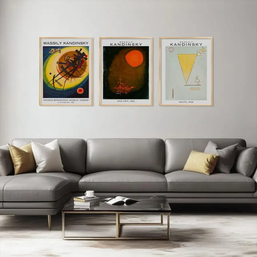 Kandinsky Soyut Geometrik Sanat Doğal Ahşap Çerçeveli 3lü Tablo Seti