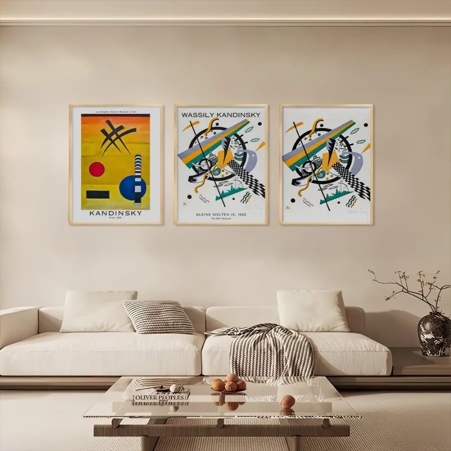 Kandinsky Dinamik Soyutlar Doğal Ahşap Çerçeveli 3lü Tablo Seti
