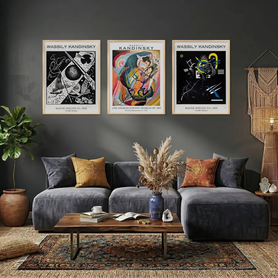 Kandinsky Soyut Dinamikler Doğal Ahşap Çerçeveli 3lü Tablo Seti