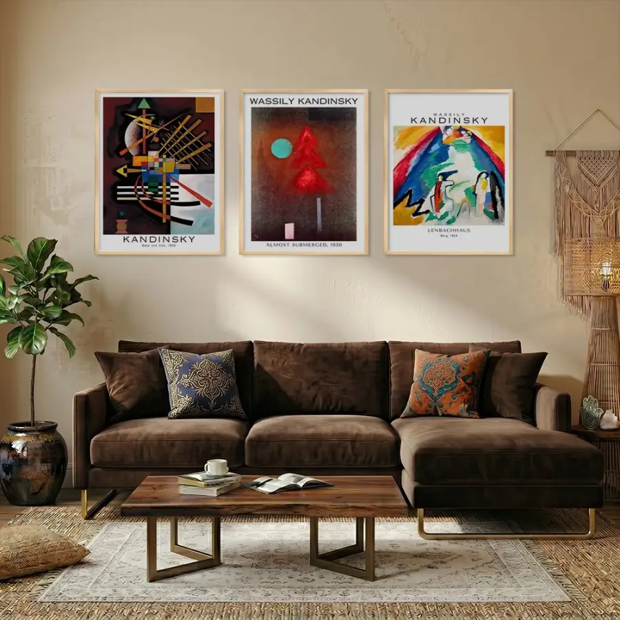 Dinamik Soyut Sanat Koleksiyonu Doğal Ahşap Çerçeveli 3lü Tablo Seti