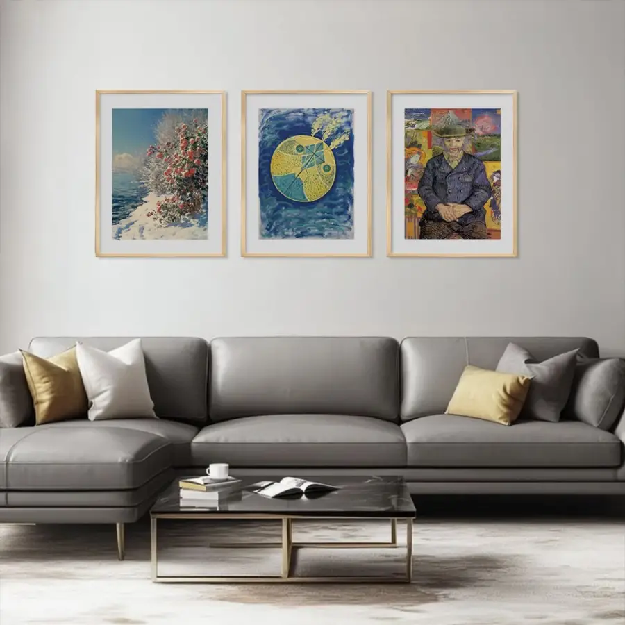Diverjan Sanat Üçlüsü Doğal Ahşap Çerçeveli 3lü Tablo Seti