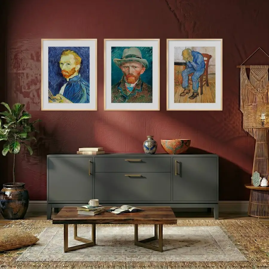 Van Gogh Derin Mavi Koleksiyon Doğal Ahşap Çerçeveli 3lü Tablo Seti