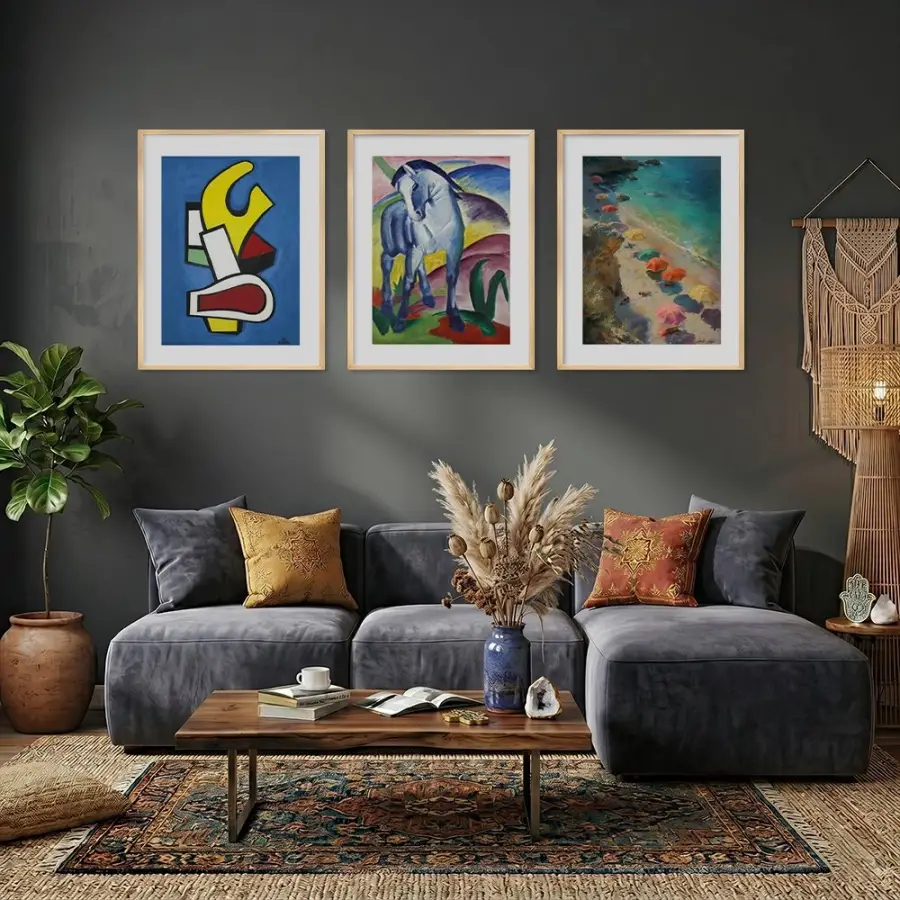 Canlı Sanat Mozaiki Doğal Ahşap Çerçeveli 3lü Tablo Seti