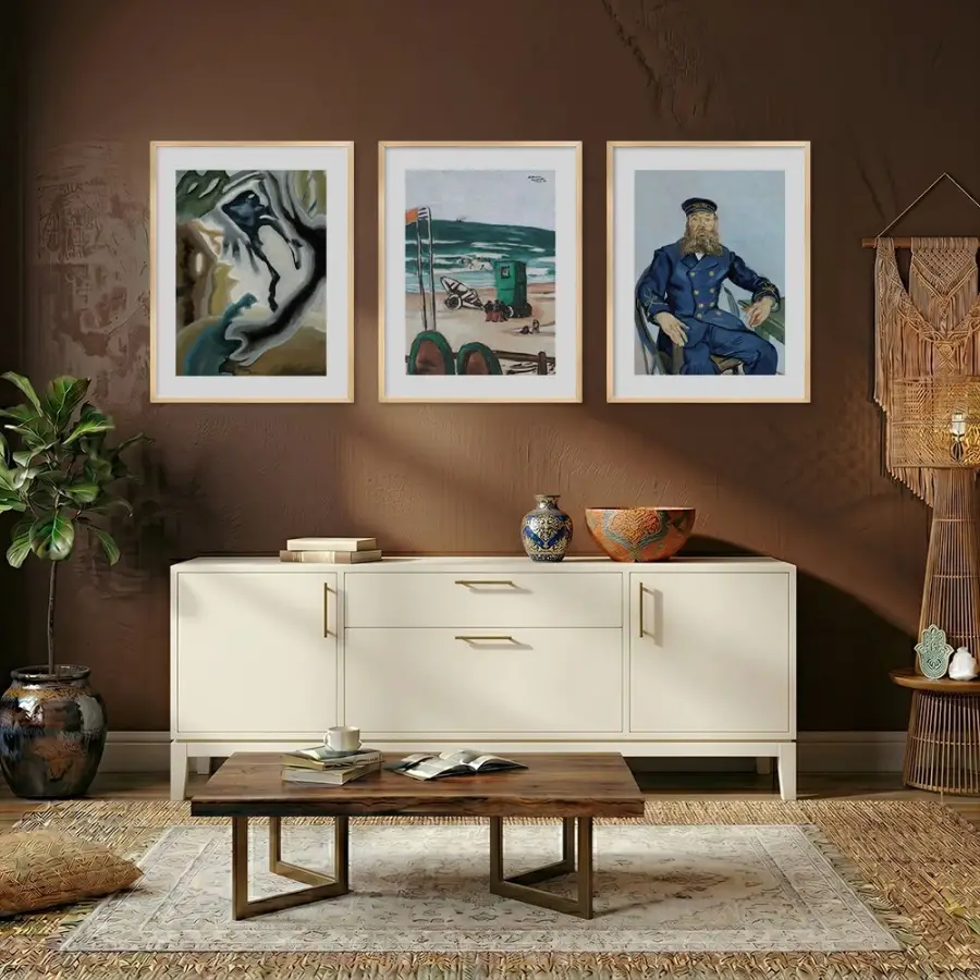 Üç Farklı Sanat Hikayesi Doğal Ahşap Çerçeveli 3lü Tablo Seti