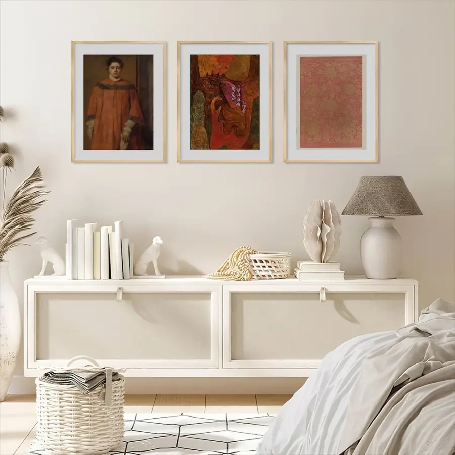 Kızıl Topraklar Sanat Koleksiyonu Doğal Ahşap Çerçeveli 3lü Tablo Seti