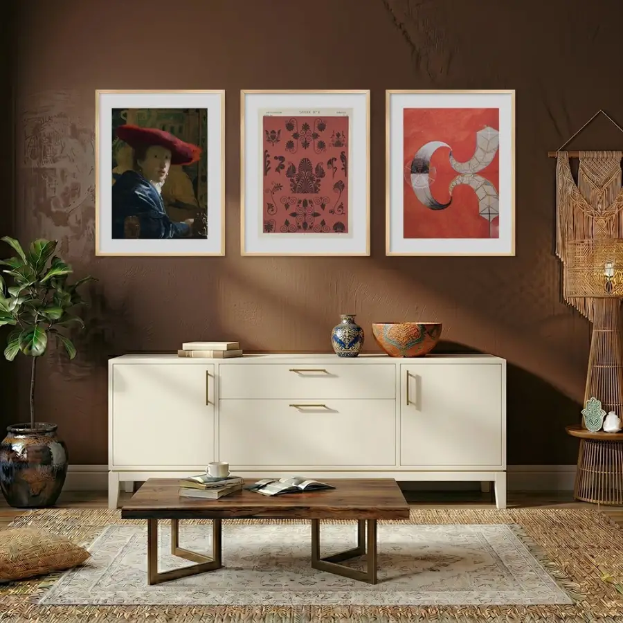 Kızıl Tonlar Sanat Seçkisi Doğal Ahşap Çerçeveli 3lü Tablo Seti