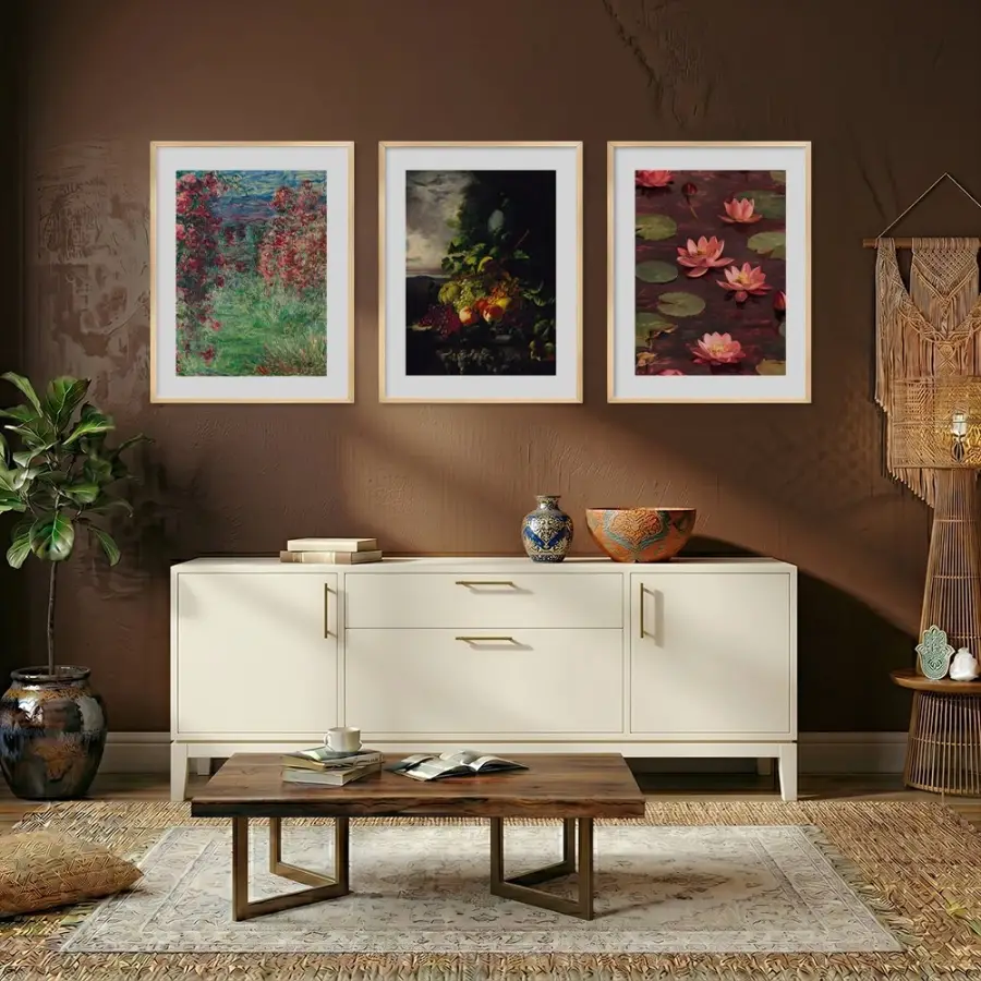 Klasik Botanik Sanat Seçkisi Doğal Ahşap Çerçeveli 3lü Tablo Seti