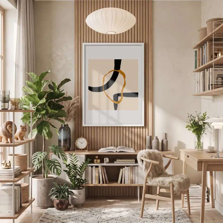 Siyah Altın Organik Form Beyaz Ahşap Çerçeveli Tablo Sanat İç Mekan Yatak Koridor
