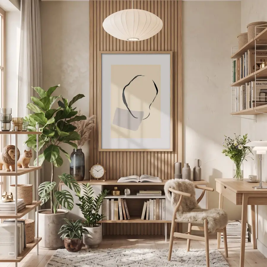 Nötr Tonlarda Soyut Çizgi Doğal Ahşap Çerçeveli Tablo Dekoratif Obje Ev Aksesuarları Modern