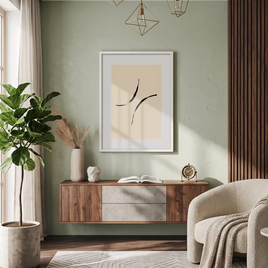 Bej Minimal Akışkan Çizgiler Beyaz Ahşap Çerçeveli Tablo Salon Oturma Odası Duvar Dekoru
