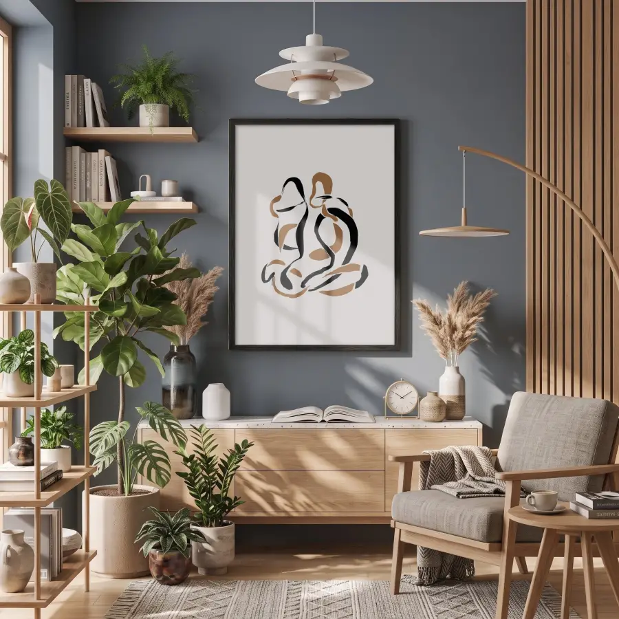 Akışkan Abstre Toprak Tonları Siyah Ahşap Çerçeveli Tablo Kanvas Görünümlü Salon Oturma Odası