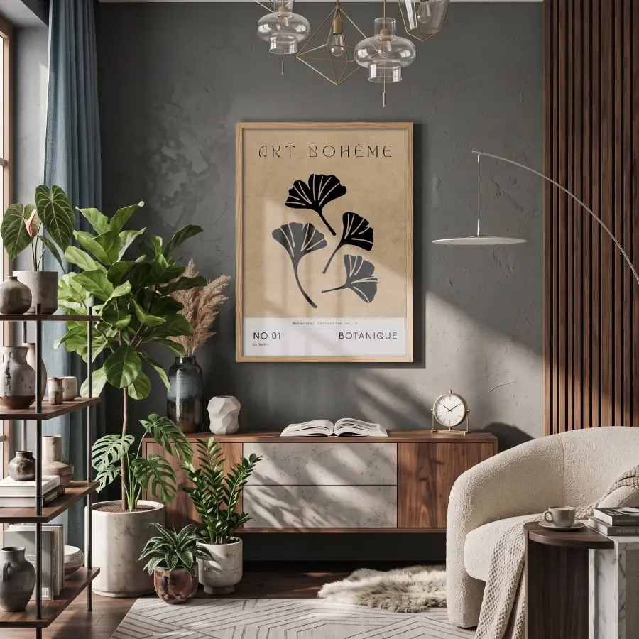 Bej Ginkgo Minimalist Doğal Ahşap Çerçeveli Tablo Koridor Ofis Kanvas Görünümlü Salon Oturma