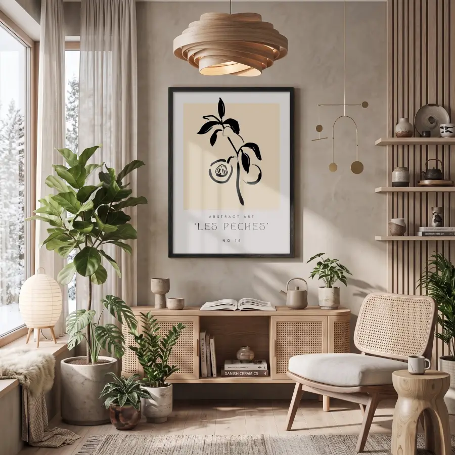 Soyut Şeftali Dalı Siyah Ahşap Çerçeveli Tablo Oturma Odası Duvar Dekoru Poster Obje
