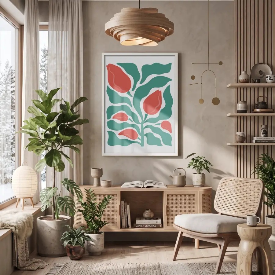 Mercan Çiçekli Modern Bitki Beyaz Ahşap Çerçeveli Tablo Bohem Dekoratif Obje Ev Aksesuarları
