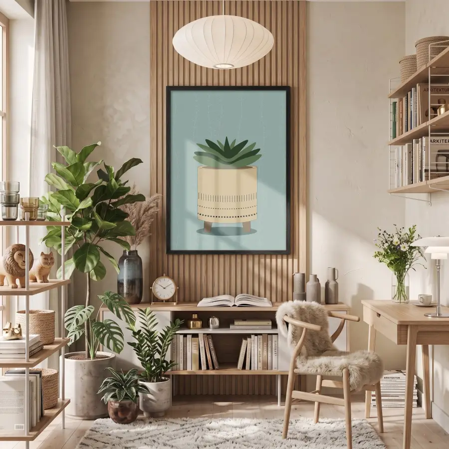 Minimal Sukulent Çizim Tablo Siyah Ahşap Çerçeveli Odası Duvar Dekoru Poster Obje Ev