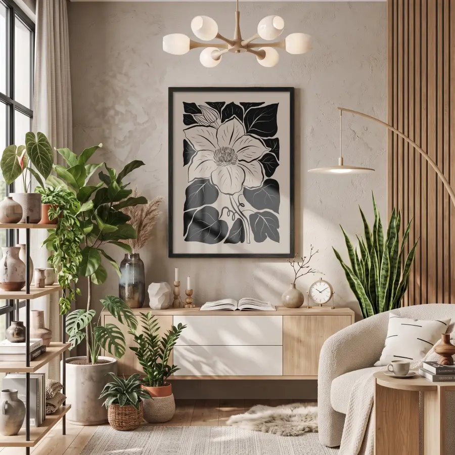 Minimalist Siyah Çiçek Ahşap Çerçeveli Tablo Bohem Koridor Ofis Kanvas Görünümlü Salon Oturma