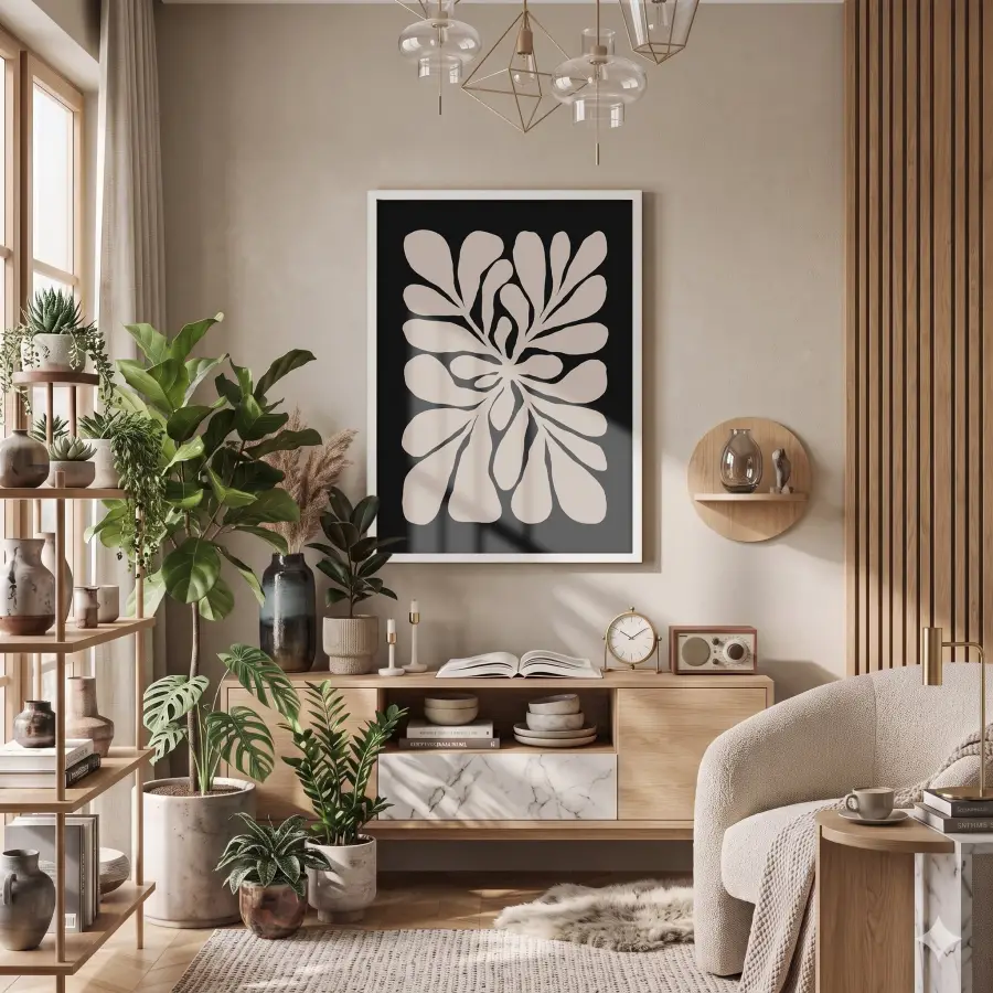 Modern Bej Bitki Formu Beyaz Ahşap Çerçeveli Tablo Oturma Odası Duvar Dekoru Poster