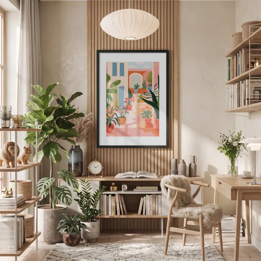 Saksılı Akdeniz Avlusu Siyah Ahşap Çerçeveli Tablo Modern Sanat İç Mekan Yatak Koridor