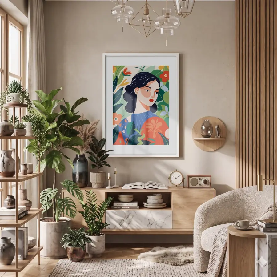 Tropik Çiçekli Kadın Portre Beyaz Ahşap Çerçeveli Tablo Bohem Duvar Dekoru Poster Obje