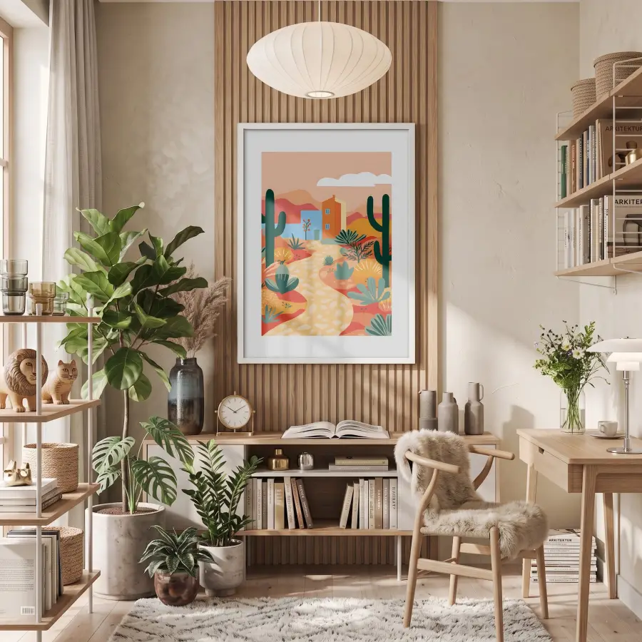 Kaktüslü Çöl Evi Beyaz Ahşap Çerçeveli Tablo Obje Ev Aksesuarları Modern Sanat İç