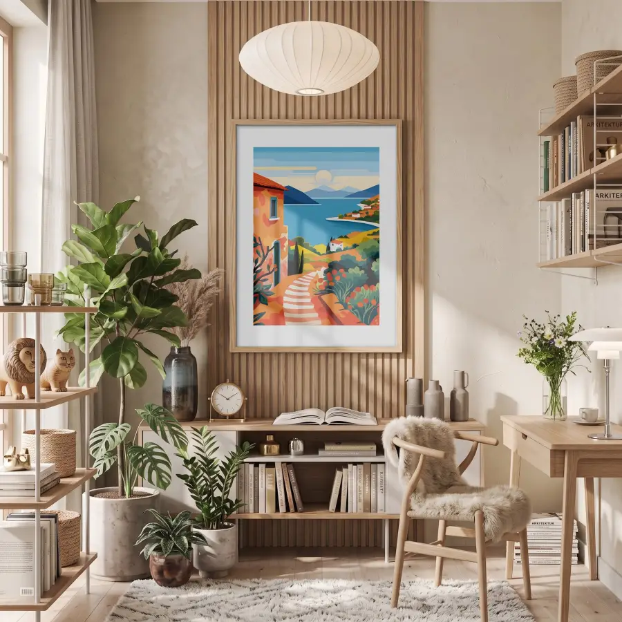 Rengarenk Deniz Kasabası Doğal Ahşap Çerçeveli Tablo Poster Dekoratif Obje Ev Aksesuarları Modern