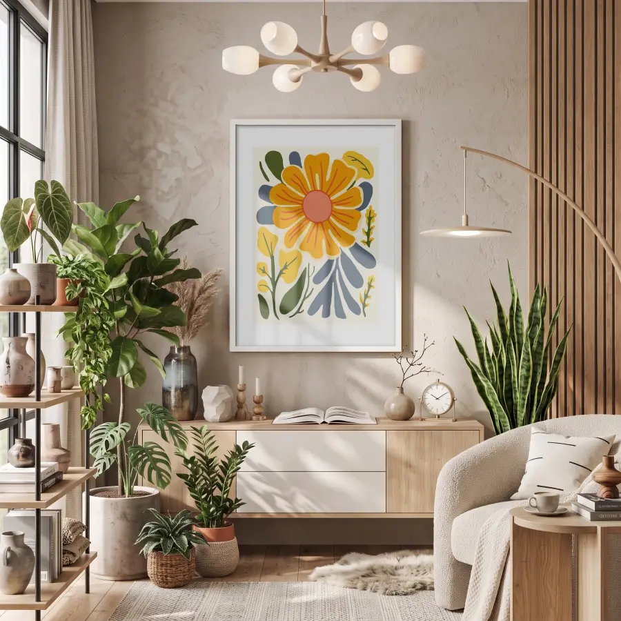 Güneş Çiçeği Soyut Sanat Beyaz Ahşap Çerçeveli Tablo Ofis Kanvas Görünümlü Salon Oturma