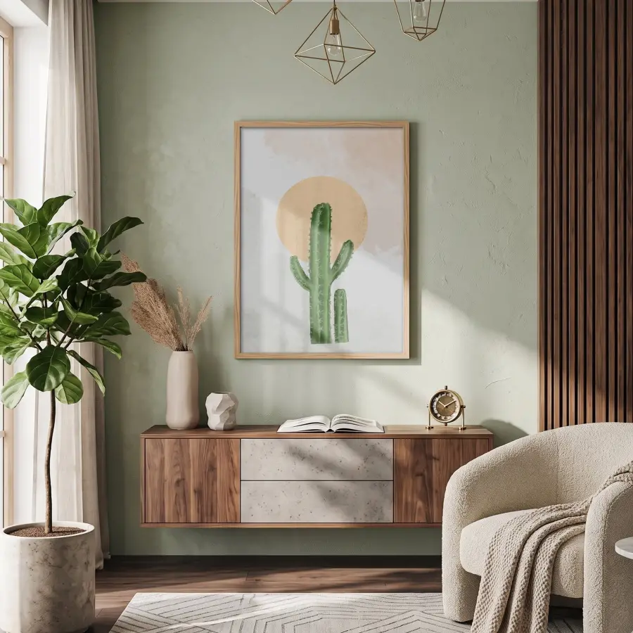 Minimalist Kaktüs Güneş Doğal Ahşap Çerçeveli Tablo Aksesuarları Modern Sanat İç Mekan Yatak