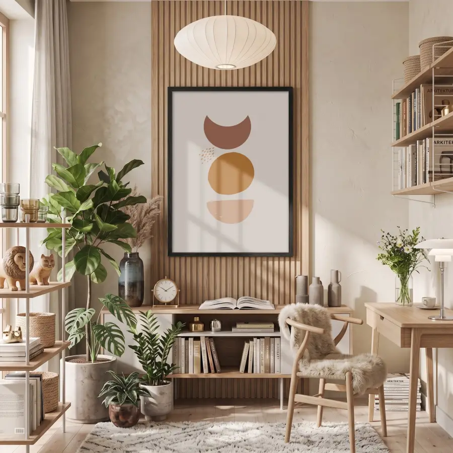 Toprak Tonları Geometrik Soyut Siyah Ahşap Çerçeveli Tablo Görünümlü Salon Oturma Odası Duvar