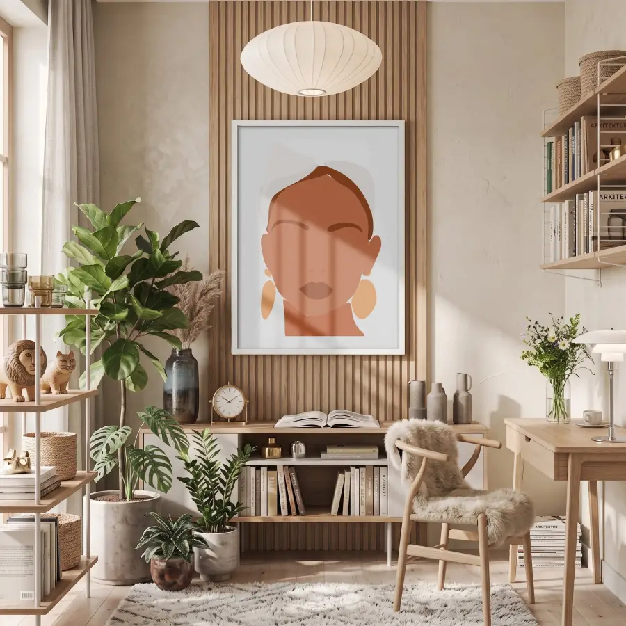 Boho Şık Yüz Tasarım Beyaz Ahşap Çerçeveli Tablo Bohem Ev Aksesuarları Modern Sanat