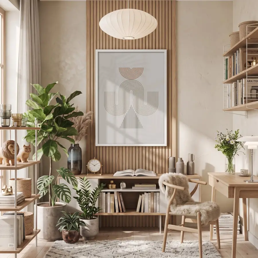 Bej Tonlu Soyut Kemerler Beyaz Ahşap Çerçeveli Tablo Aksesuarları Modern Sanat İç Mekan
