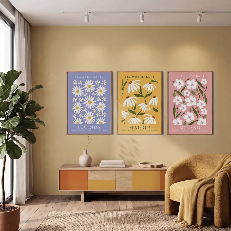 Pastel Botanik Çiçek Seti 3lü Ahşap Çerçeveli Tablo Seti Bohem Tablo Resim Çerçevesi Tablo Salon