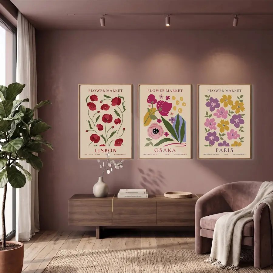 Pastel Çiçek Pazarı Tablo 3lü Ahşap Çerçeveli Tablo Seti Bohem Tablo Tablo Çerçeve Duvar Dekoru Ev