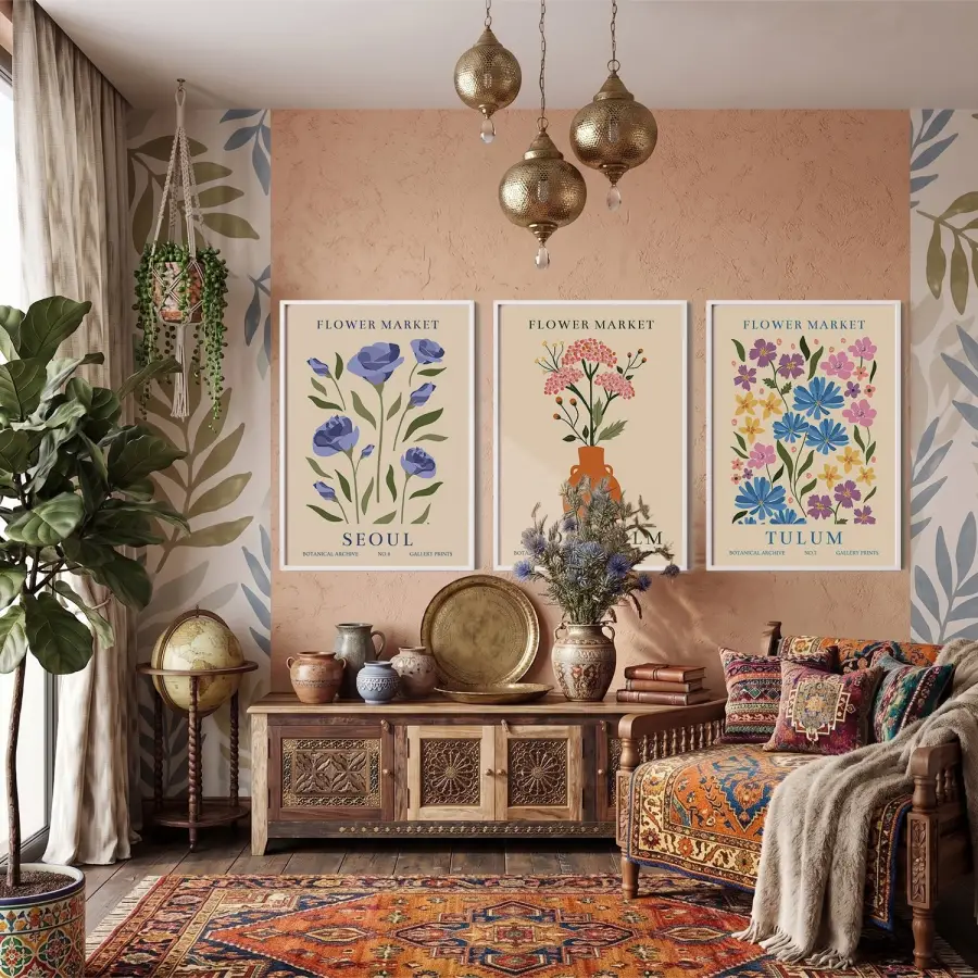 Modern Botanik Çiçek Pazarı 3lü Beyaz Çerçeveli Tablo Seti Bohem Tablo Salon Duvar Tablo Poster