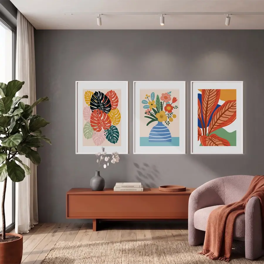 Modern Tropikal Üçlü 3lü Beyaz Çerçeveli Tablo Seti Poster Tablo Duvar Tablo Ev Dekorasyonu