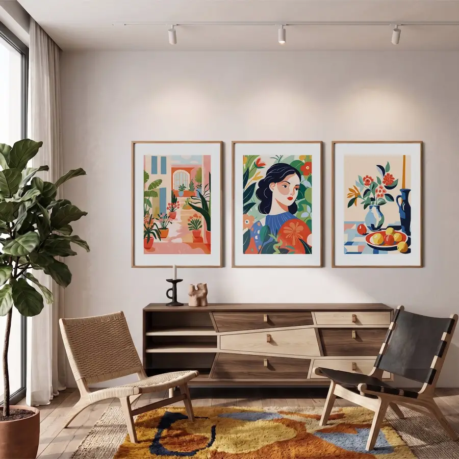 Canlı Eklektik Sanat Üçlüsü 3lü Ahşap Çerçeveli Tablo Seti Resim Çerçevesi Tablo Salon Aksesuarları