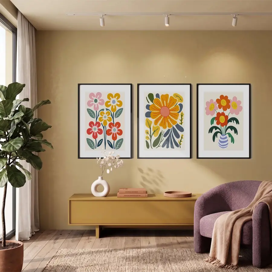 Neşeli Modern Çiçekler 3lü Siyah Çerçeveli Tablo Seti Bohem Tablo Salon Duvar Tablo Poster Tablo