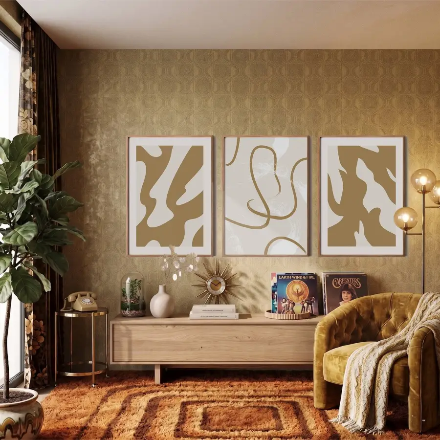 Toprak Tonları Soyut Sanat 3lü Ahşap Çerçeveli Tablo Seti Resim Çerçevesi Tablo Salon Aksesuarları
