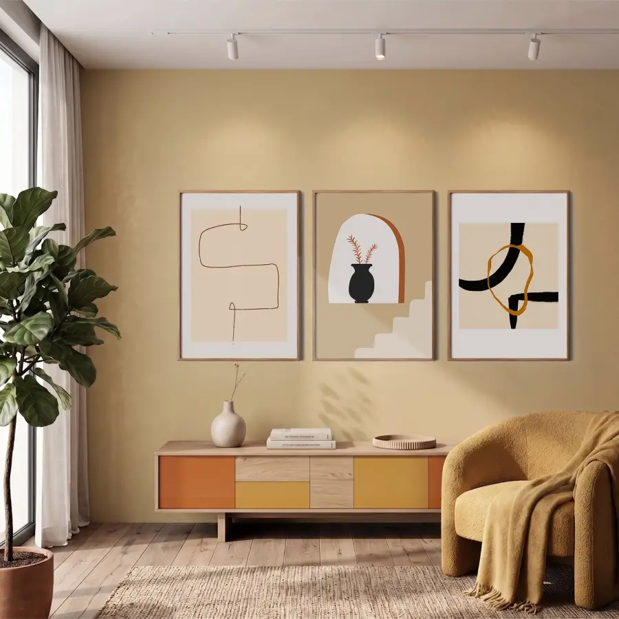 Bej Toprak Modern Soyut Seti 3lü Ahşap Çerçeveli Tablo Seti Salon Duvar Tablo Poster Tablo