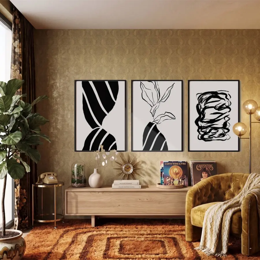 Minimalist Siyah Beyaz Formlar 3lü Siyah Çerçeveli Tablo Seti Tablo Çerçeve Salon Duvar Tablo Dekor