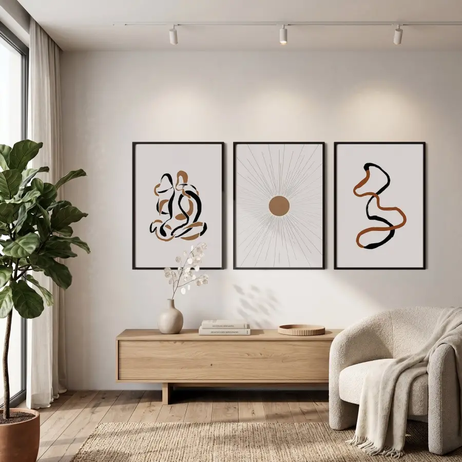 Toprak Tonları Soyut Çizgiler 3lü Siyah Çerçeveli Tablo Seti Poster Tablo Resim Çerçevesi Dekoratif