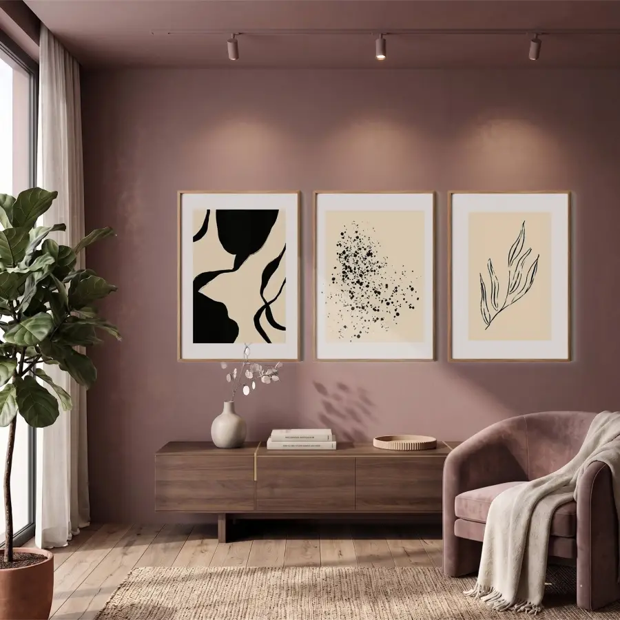 Soyut Bej Siyah Trio 3lü Ahşap Çerçeveli Tablo Seti Poster Tablo Duvar Tablo Ev Dekorasyonu