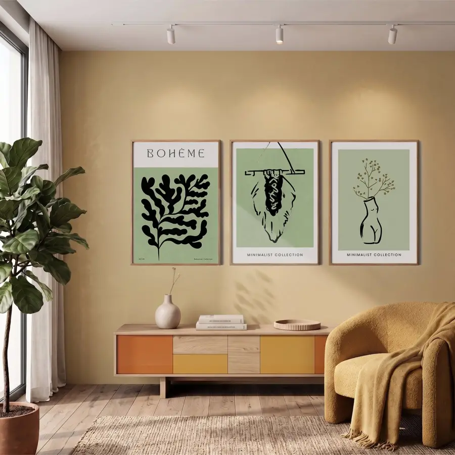 Yeşil Minimalist Bohem 3lü Ahşap Çerçeveli Tablo Seti Bohem Tablo Duvar Tablo Oda Dekorasyonu Salon