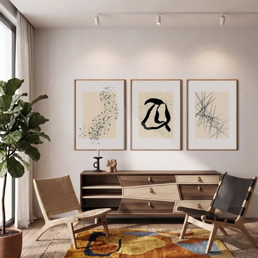 Bej Siyah Soyut Denge 3lü Ahşap Çerçeveli Tablo Seti Salon Duvar Tablo Poster Tablo