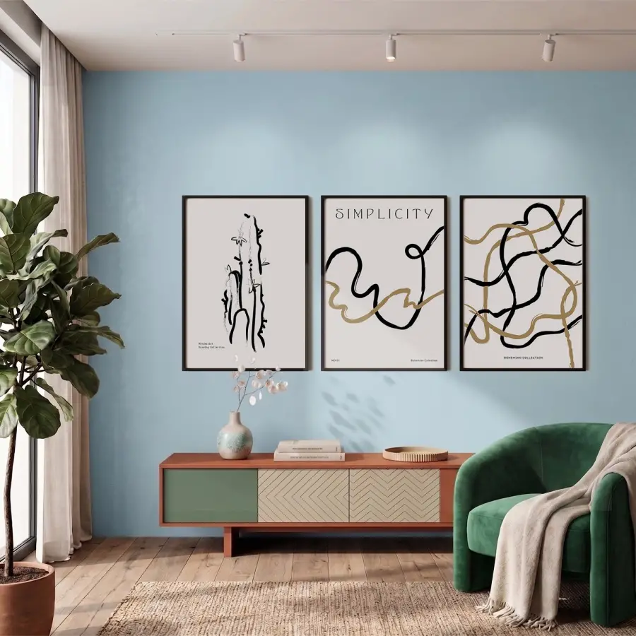 Modern Bohem Akışkan Çizgiler 3lü Siyah Çerçeveli Tablo Seti Bohem Tablo Tablo Çerçeve Salon Duvar