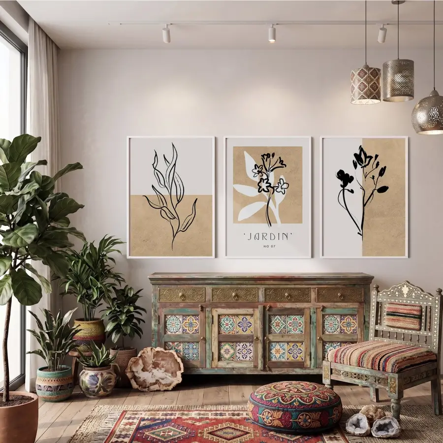Minimalist Jardin Bitki Seti 3lü Beyaz Çerçeveli Tablo Seti Salon Duvar Tablo Poster Tablo