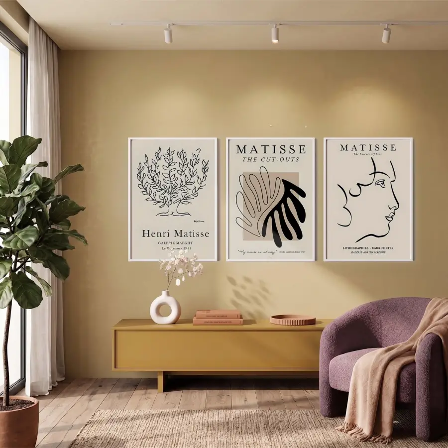 Soyut Çizgiler Bej Sanat Seti 3lü Beyaz Çerçeveli Tablo Seti Salon Duvar Tablo Poster Tablo
