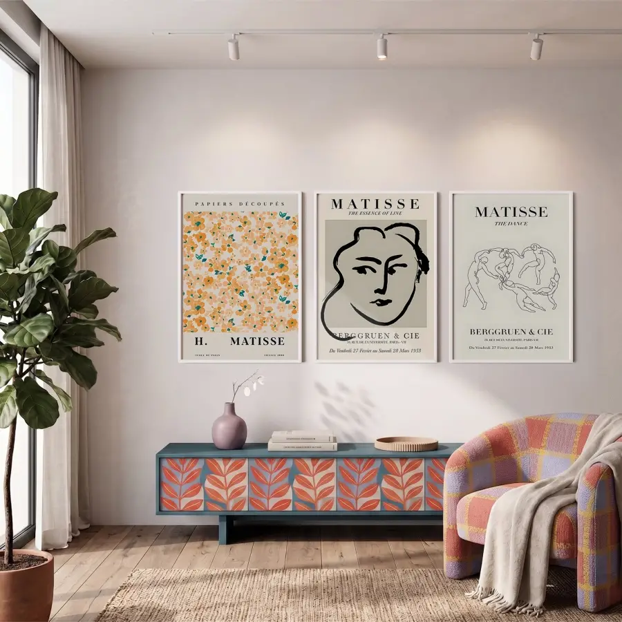 Matisse Esintili Soyut Sanat Üçlüsü 3lü Beyaz Çerçeveli Tablo Seti Resim Çerçevesi Tablo Salon