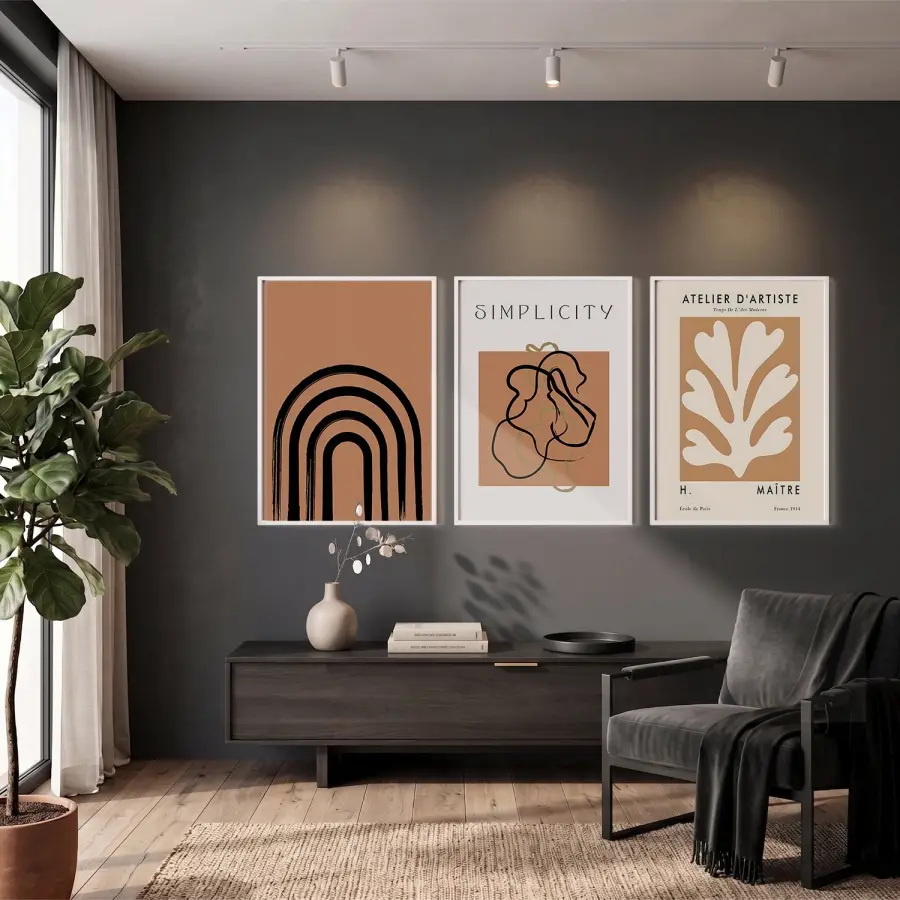 Soyut Formlar Toprak Palet 3lü Beyaz Çerçeveli Tablo Seti Salon Duvar Tablo Poster Tablo